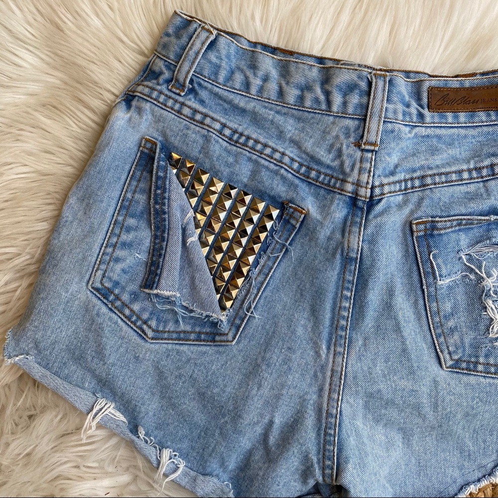 Vintage Light Blue Jean Shorts with Studded Pocket